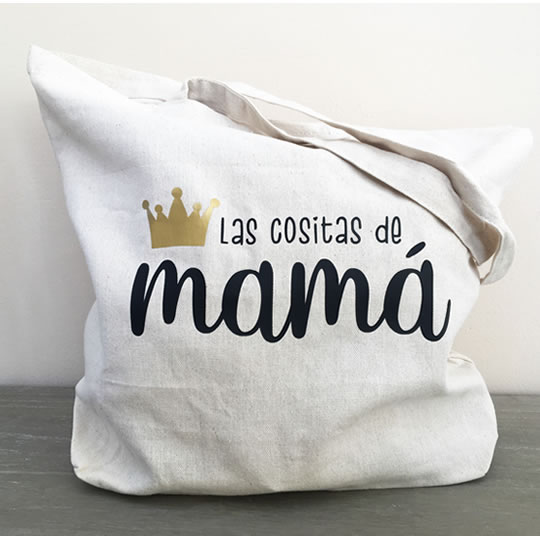 bolsa de algodón orgánico con texto las cositas de mamá para que toda mamá lleve sus cositas y las de su bebé
