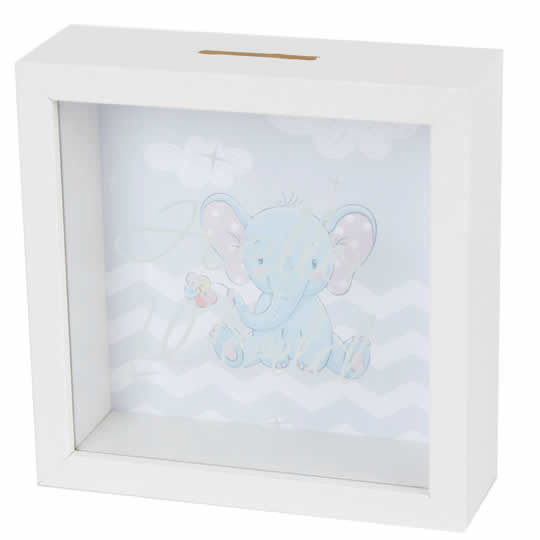 hucha de madera con ventana de cristal elefante como regalo para bebé