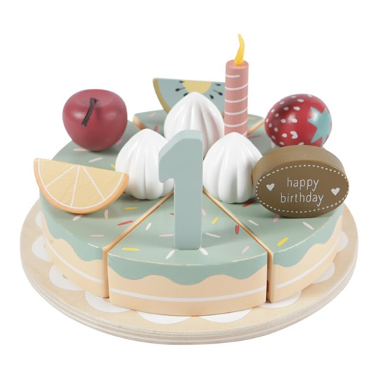 tarta de cumpleaños de madera con 6 porciones y número hasta el 5 como regalo por el cumpleaños del niño