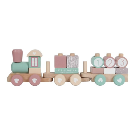 tren adventure en madera en color rosa con bloques apilables y números como regalos para niños a partir de 1 año